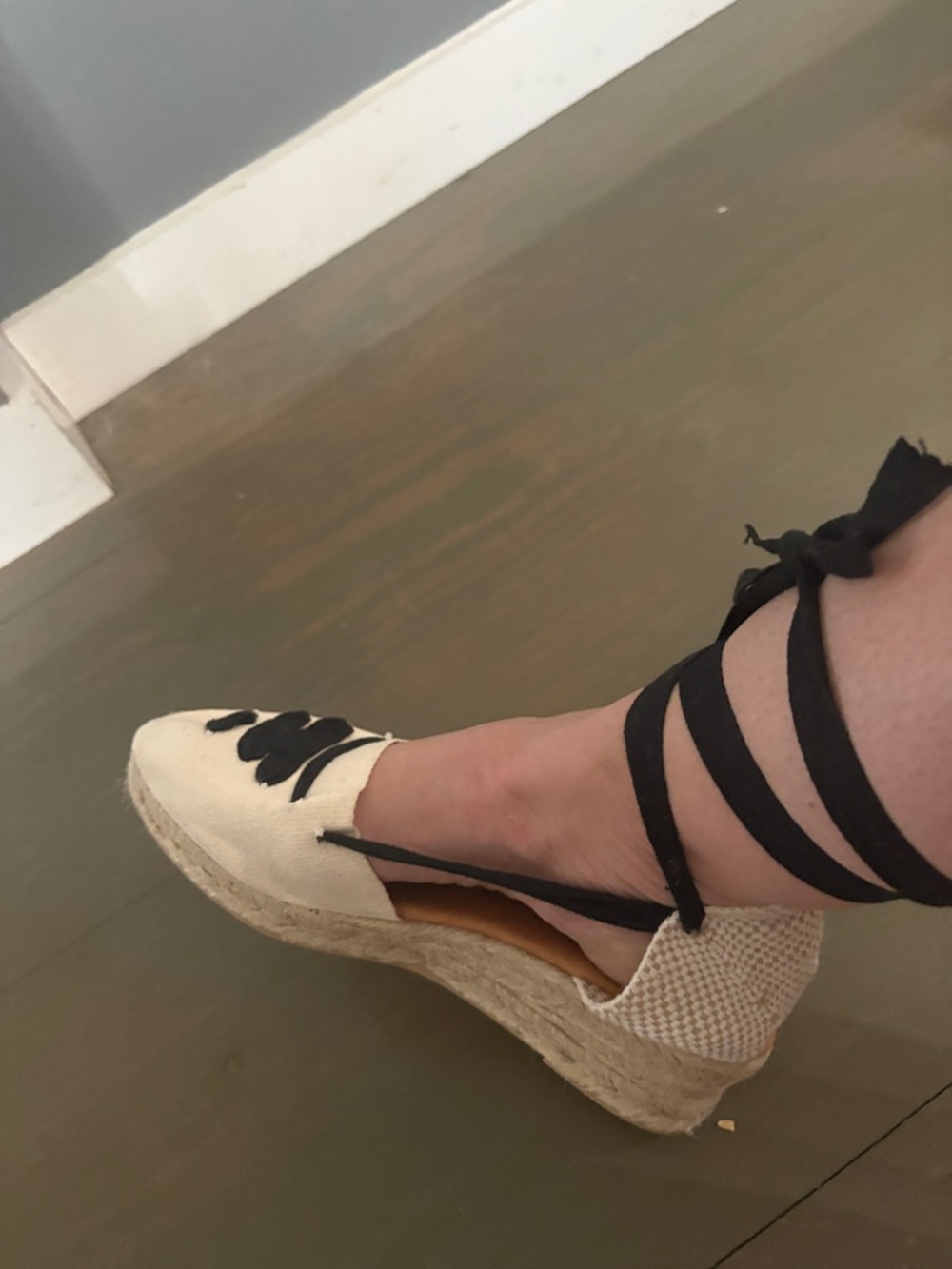 Canvas Espadrille Wedge Sandal with Black Ankle Wrap and Applique